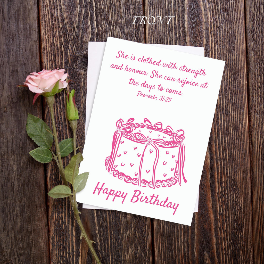 Pink Cake birthday card Proverbs 31:25 verse