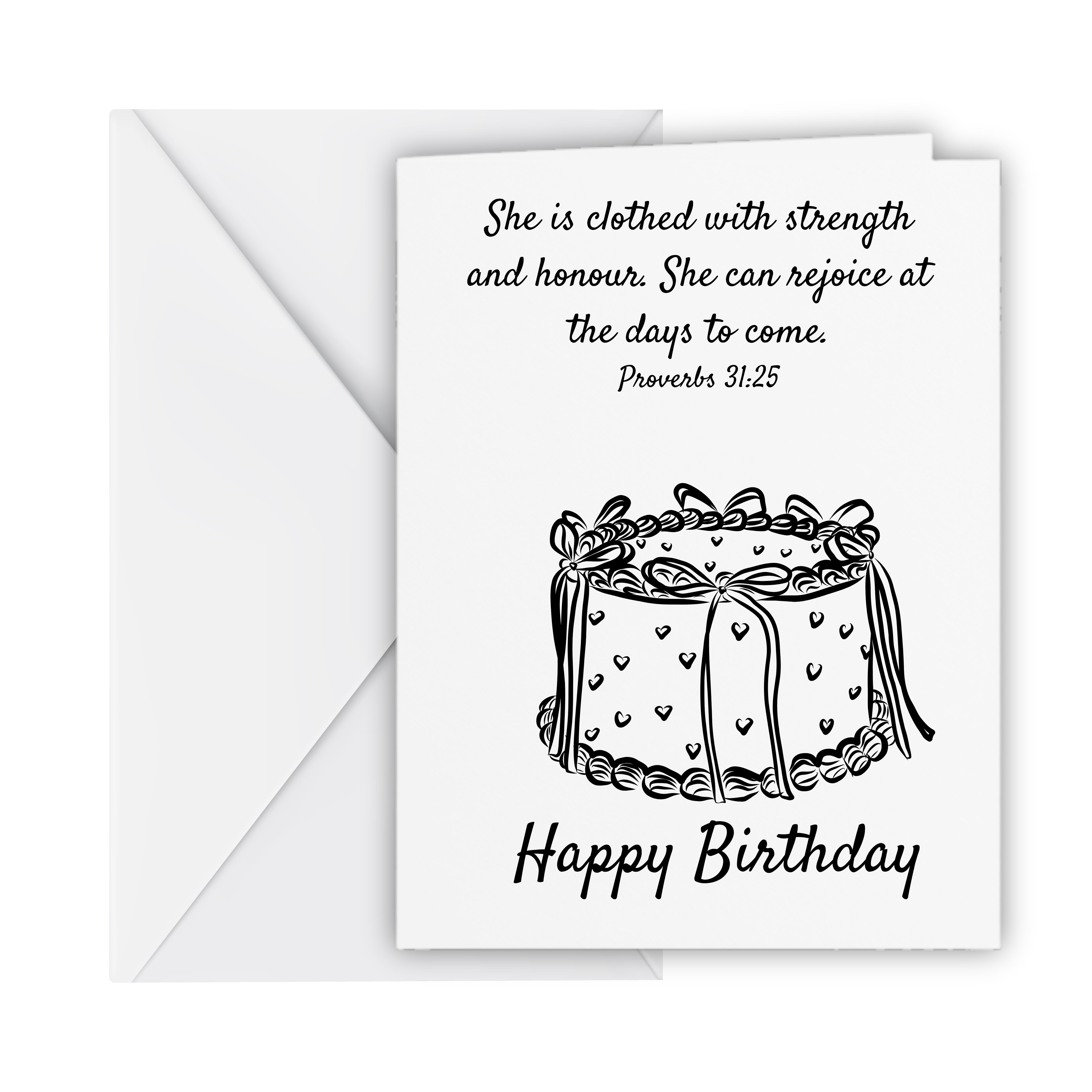 Black Cake birthday card Proverbs 31:25 verse