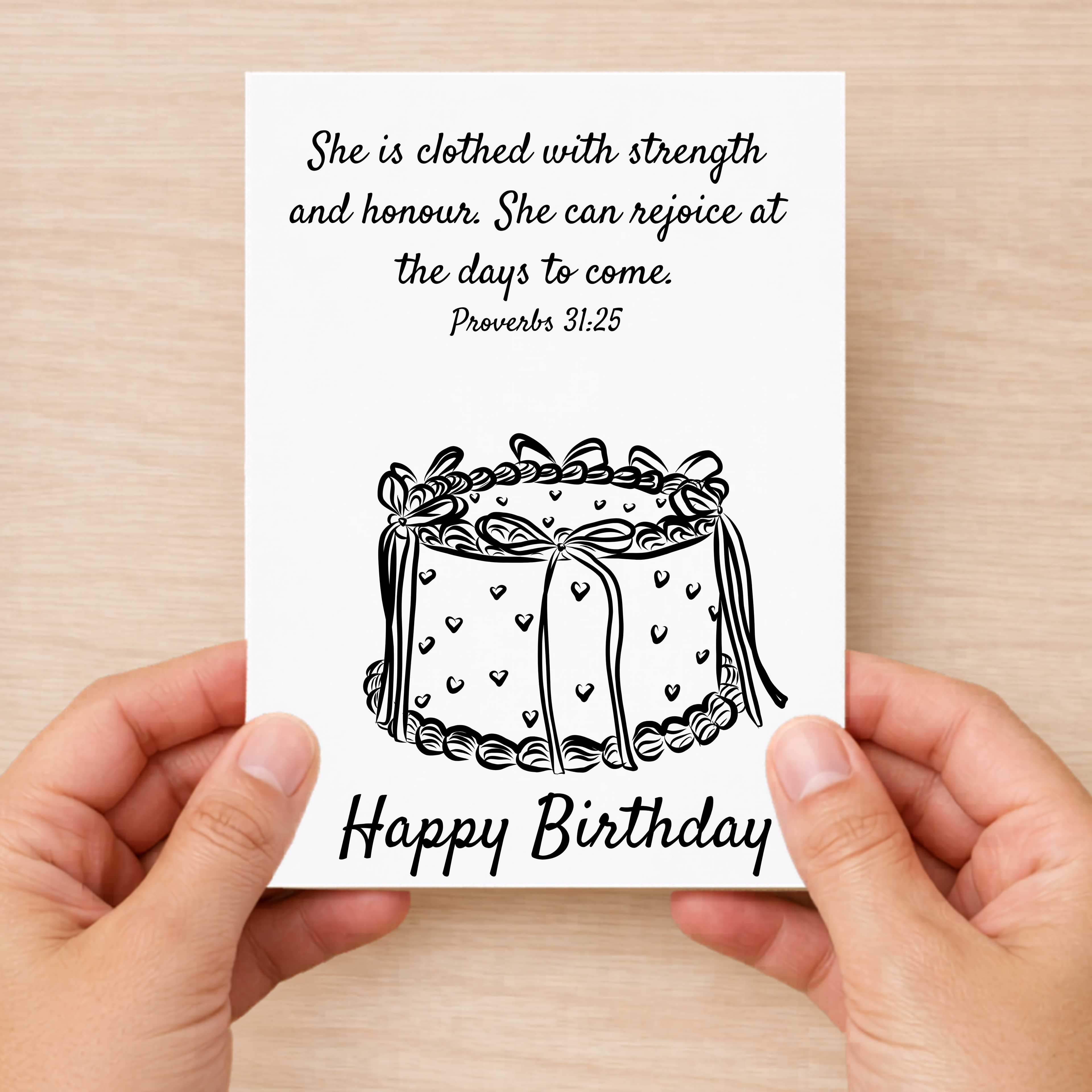 Black Cake birthday card Proverbs 31:25 verse